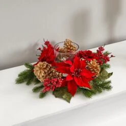 Poinsettia, Berry And Golden Pine Cone Candelabrum Artificial Arrangement -Christmas Gift Shop nearly natural artificial christmas plants 4270 1f 1000