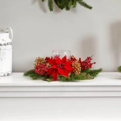 Poinsettia, Berry And Golden Pine Cone Candelabrum Artificial Arrangement -Christmas Gift Shop nearly natural artificial christmas plants 4270 4f 1000
