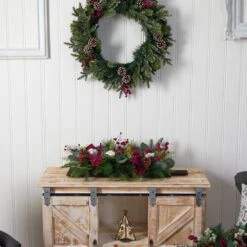 24 In. Unlit Holiday Berries, Pinecones And Eucalyptus Christmas Artificial Arrangement Cutting Board Table Arrangement -Christmas Gift Shop nearly natural artificial christmas plants a1845 31 1000