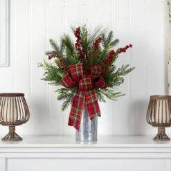 28 In. Unlit Holiday Winter Greenery, Berries And Plaid Bow Artificial Christmas Arrangement Home Decor -Christmas Gift Shop nearly natural artificial christmas plants a1847 31 1000