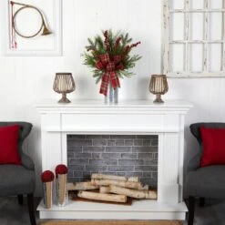 28 In. Unlit Holiday Winter Greenery, Berries And Plaid Bow Artificial Christmas Arrangement Home Decor -Christmas Gift Shop nearly natural artificial christmas plants a1847 4f 1000