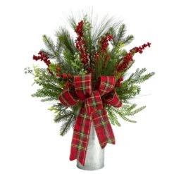 28 In. Unlit Holiday Winter Greenery, Berries And Plaid Bow Artificial Christmas Arrangement Home Decor