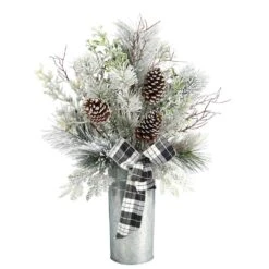 28 In. Unlit Frosted Greenery And Pinecone With Plaid Bow Artificial Christmas Arrangement In Decorative Tin