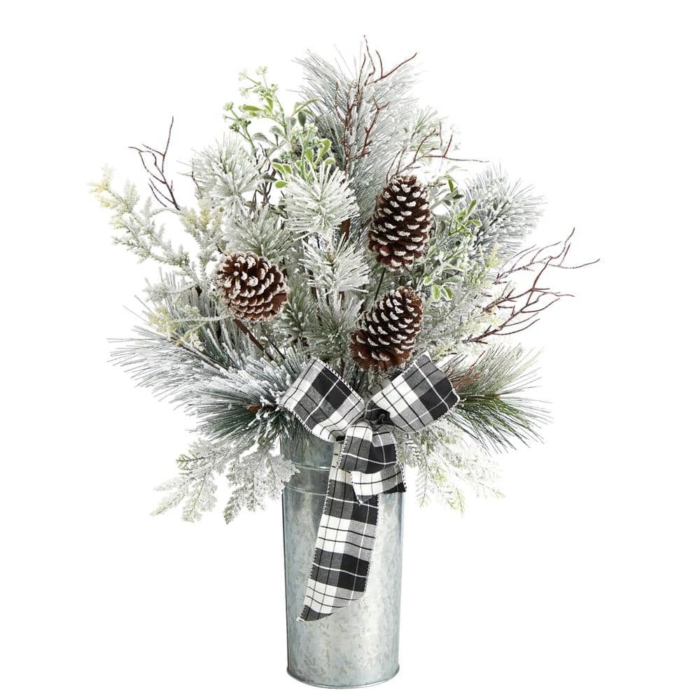 28 In. Unlit Frosted Greenery And Pinecone With Plaid Bow Artificial Christmas Arrangement In Decorative Tin 3 28 In. Unlit Frosted Greenery And Pinecone With Plaid Bow Artificial Christmas Arrangement In Decorative Tin
