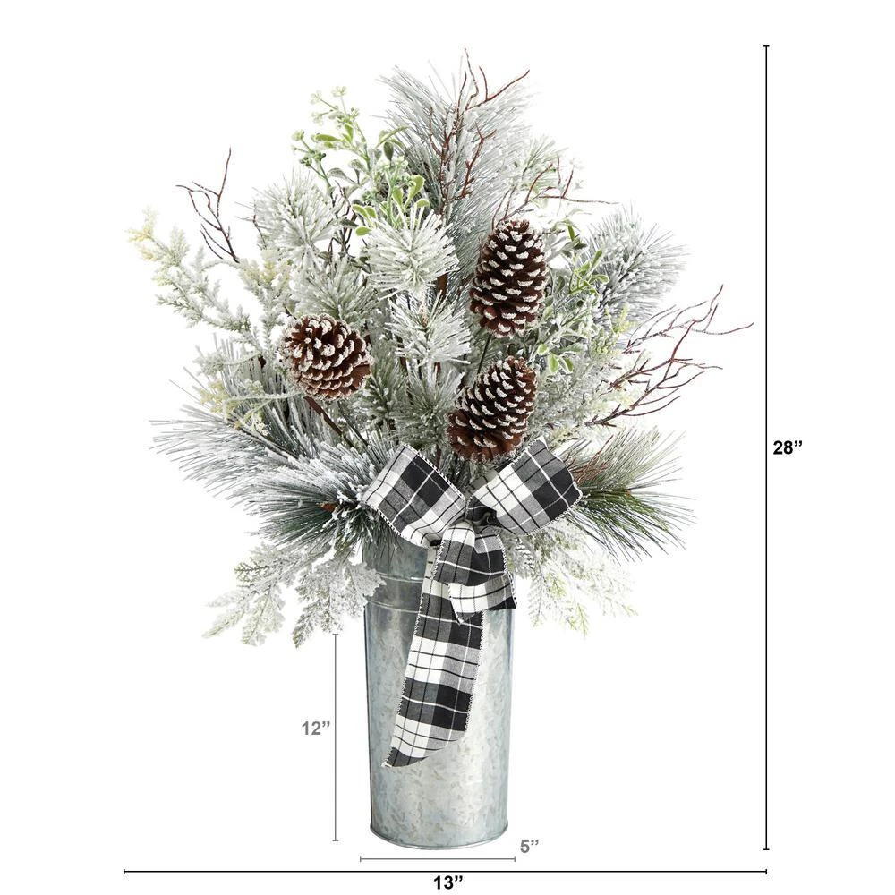 28 In. Unlit Frosted Greenery And Pinecone With Plaid Bow Artificial Christmas Arrangement In Decorative Tin 4 28 In. Unlit Frosted Greenery And Pinecone With Plaid Bow Artificial Christmas Arrangement In Decorative Tin - Image 2