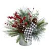 12 In. Unlit Frosted Pinecones And Berries Artificial Arrangement In Vase With Decorative Plaid Bow -Christmas Gift Shop nearly natural artificial christmas plants a1851 64 1000