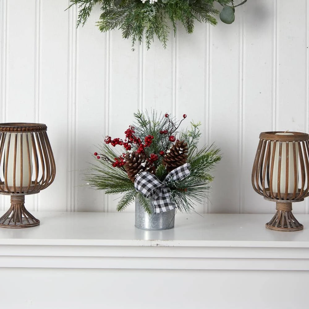 12 In. Unlit Frosted Pinecones And Berries Artificial Arrangement In Vase With Decorative Plaid Bow 4 12 In. Unlit Frosted Pinecones And Berries Artificial Arrangement In Vase With Decorative Plaid Bow - Image 2