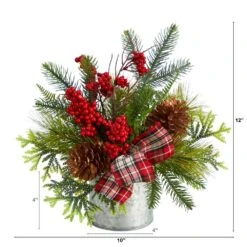 12 In. Unlit Holiday Winter Pinecones, Berries, Greenery And Plaid Bow Artificial Christmas Table Arrangement -Christmas Gift Shop nearly natural artificial christmas plants a1852 c3 1000