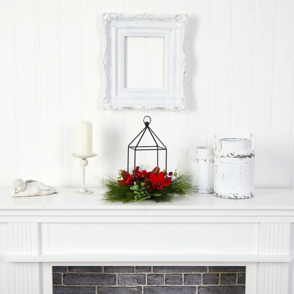 14 In. Unlit Christmas Poinsettia, Berry And Pinecone Metal Candle Holder Christmas Artificial Table Arrangement 6 14 In. Unlit Christmas Poinsettia, Berry And Pinecone Metal Candle Holder Christmas Artificial Table Arrangement - Image 4