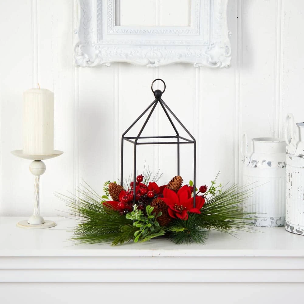 14 In. Unlit Christmas Poinsettia, Berry And Pinecone Metal Candle Holder Christmas Artificial Table Arrangement 5 14 In. Unlit Christmas Poinsettia, Berry And Pinecone Metal Candle Holder Christmas Artificial Table Arrangement - Image 3