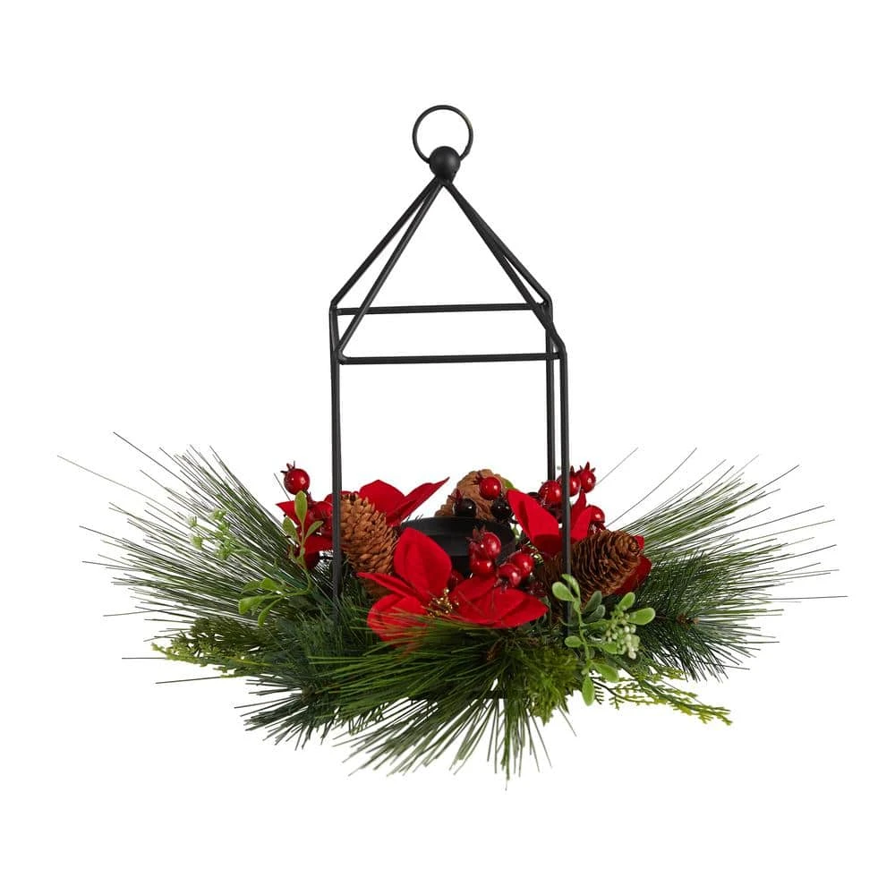 14 In. Unlit Christmas Poinsettia, Berry And Pinecone Metal Candle Holder Christmas Artificial Table Arrangement 3 14 In. Unlit Christmas Poinsettia, Berry And Pinecone Metal Candle Holder Christmas Artificial Table Arrangement