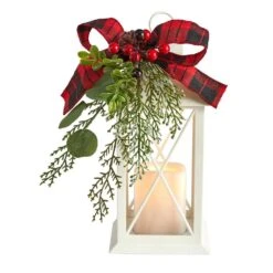12 In. Unlit Holiday Lantern With Berries, Pine, Plaid Bow Artificial Christmas Table Arrangement With LED Candle
