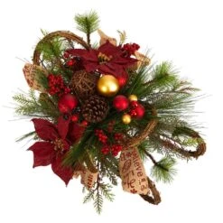18 In. Unlit Christmas Sleigh With Poinsettia, Berries And Pinecone Artificial Arrangement With Ornaments 11 18 In. Unlit Christmas Sleigh With Poinsettia, Berries And Pinecone Artificial Arrangement With Ornaments -Christmas Gift Shop nearly natural artificial christmas plants a1859 1f 1000