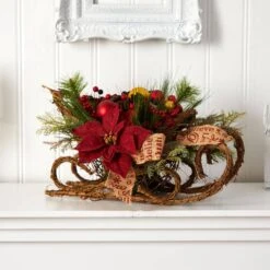 18 In. Unlit Christmas Sleigh With Poinsettia, Berries And Pinecone Artificial Arrangement With Ornaments 12 18 In. Unlit Christmas Sleigh With Poinsettia, Berries And Pinecone Artificial Arrangement With Ornaments -Christmas Gift Shop nearly natural artificial christmas plants a1859 44 1000
