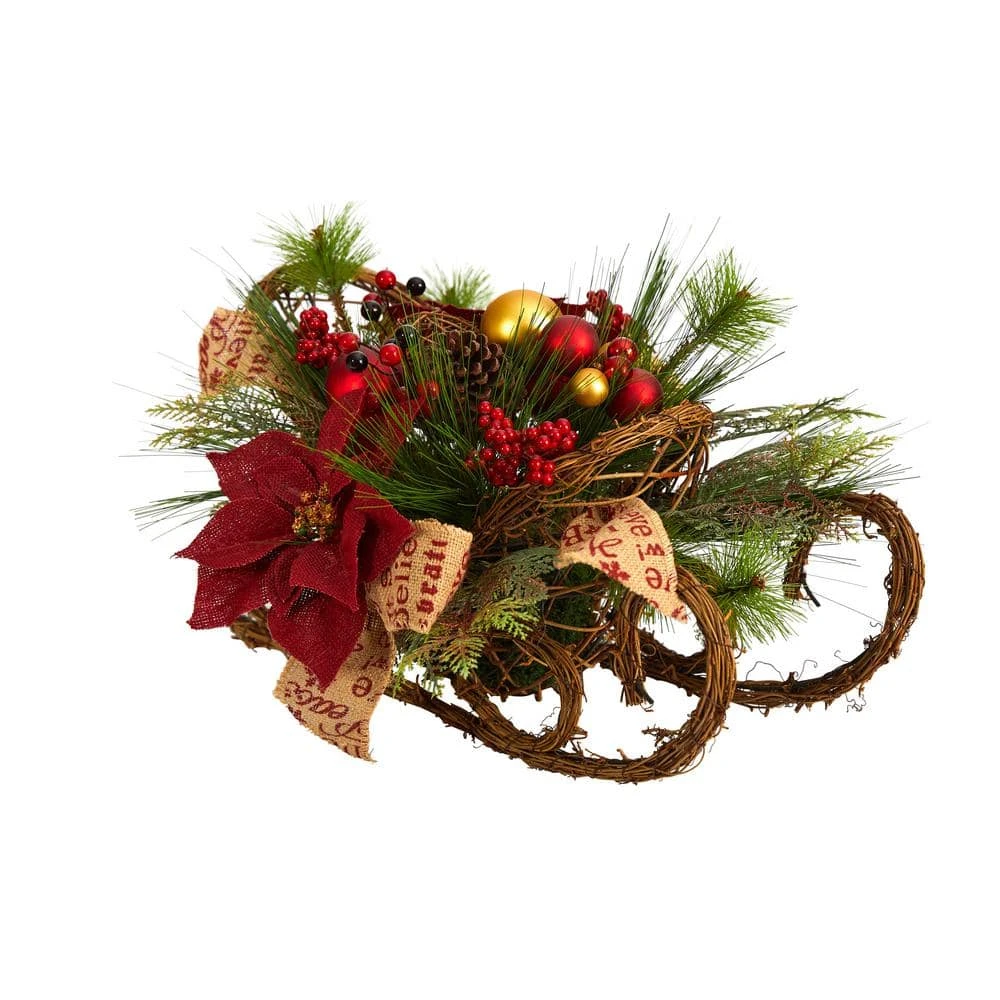 18 In. Unlit Christmas Sleigh With Poinsettia, Berries And Pinecone Artificial Arrangement With Ornaments 5 18 In. Unlit Christmas Sleigh With Poinsettia, Berries And Pinecone Artificial Arrangement With Ornaments - Image 3