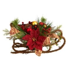 18 In. Unlit Christmas Sleigh With Poinsettia, Berries And Pinecone Artificial Arrangement With Ornaments
