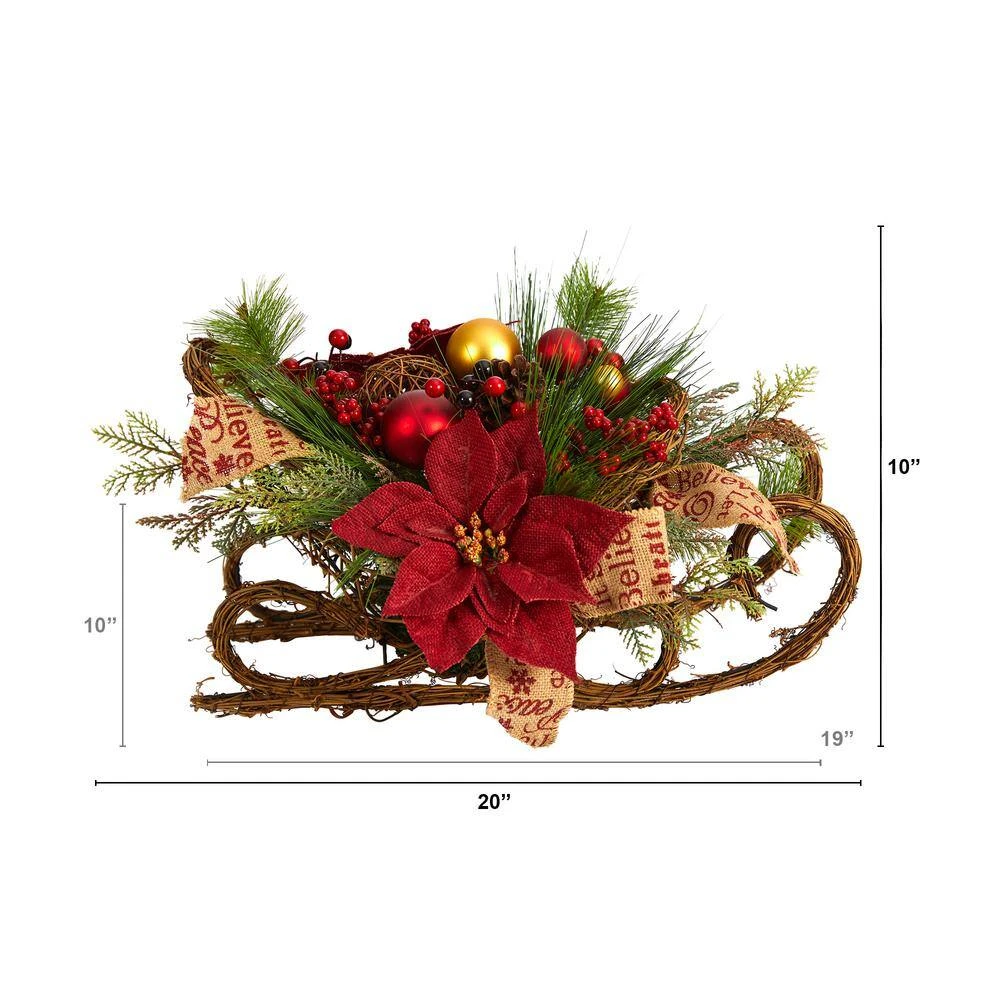 18 In. Unlit Christmas Sleigh With Poinsettia, Berries And Pinecone Artificial Arrangement With Ornaments 4 18 In. Unlit Christmas Sleigh With Poinsettia, Berries And Pinecone Artificial Arrangement With Ornaments - Image 2