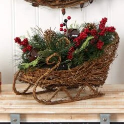 18 In. Unlit Christmas Sleigh With Pine, Pinecones And Berries Artificial Christmas Arrangement -Christmas Gift Shop nearly natural artificial christmas plants a1860 1f 1000