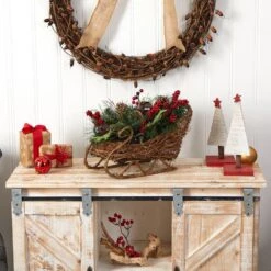 18 In. Unlit Christmas Sleigh With Pine, Pinecones And Berries Artificial Christmas Arrangement -Christmas Gift Shop nearly natural artificial christmas plants a1860 31 1000