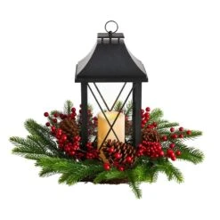 16 In. Unlit Holiday Christmas Berries, Pinecones And Greenery With Lantern And LED Candle Artificial Table Arrangement