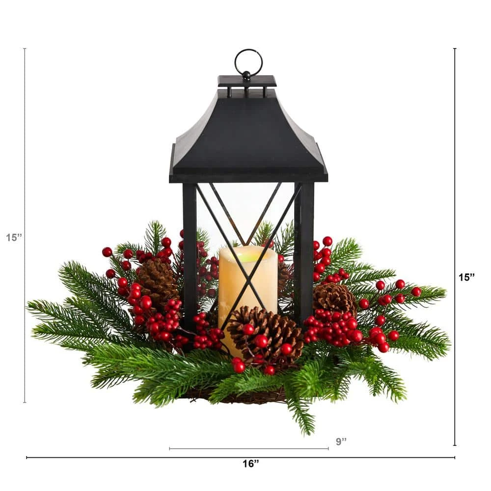 16 In. Unlit Holiday Christmas Berries, Pinecones And Greenery With Lantern And LED Candle Artificial Table Arrangement 6 16 In. Unlit Holiday Christmas Berries, Pinecones And Greenery With Lantern And LED Candle Artificial Table Arrangement - Image 4
