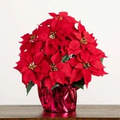 19 In. Red Lush Poinsettia Artificial Arrangement In Red Wrapped Planter 10 19 In. Red Lush Poinsettia Artificial Arrangement In Red Wrapped Planter -Christmas Gift Shop nearly natural artificial christmas plants a2172 1f 1000