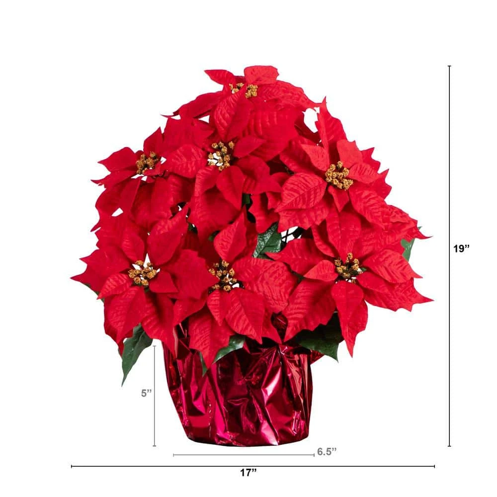 19 In. Red Lush Poinsettia Artificial Arrangement In Red Wrapped Planter 5 19 In. Red Lush Poinsettia Artificial Arrangement In Red Wrapped Planter - Image 3