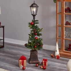 5 Ft. Pre-lit Indoor/Outdoor Artificial Christmas Decorated Lamp Post With Greenery, Ornaments, 50 LED Lights For Porch -Christmas Gift Shop nearly natural artificial christmas plants d1031 76 1000