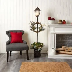 5 Ft. Pre-lit Indoor/Outdoor Artificial Christmas Decorated Lamp Post With Greenery, Decorative Container, 50 LED Lights -Christmas Gift Shop nearly natural artificial christmas plants d1032 31 1000