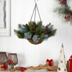 24 In. Pre-Lit Indoor/Outdoor Artificial Christmas Pre-Lit Pine And Berries Hanging Basket, 30 LED Lights -Christmas Gift Shop nearly natural artificial christmas plants p1810 1f 1000