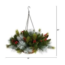 24 In. Pre-Lit Indoor/Outdoor Artificial Christmas Pre-Lit Pine And Berries Hanging Basket, 30 LED Lights -Christmas Gift Shop nearly natural artificial christmas plants p1810 c3 1000