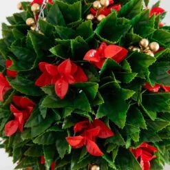 15 In. UV Resistant Artificial Red Tip Photinia Christmas Hanging Ball With Gold Berries (Indoor/Outdoor) -Christmas Gift Shop nearly natural artificial christmas plants p2206 4f 1000