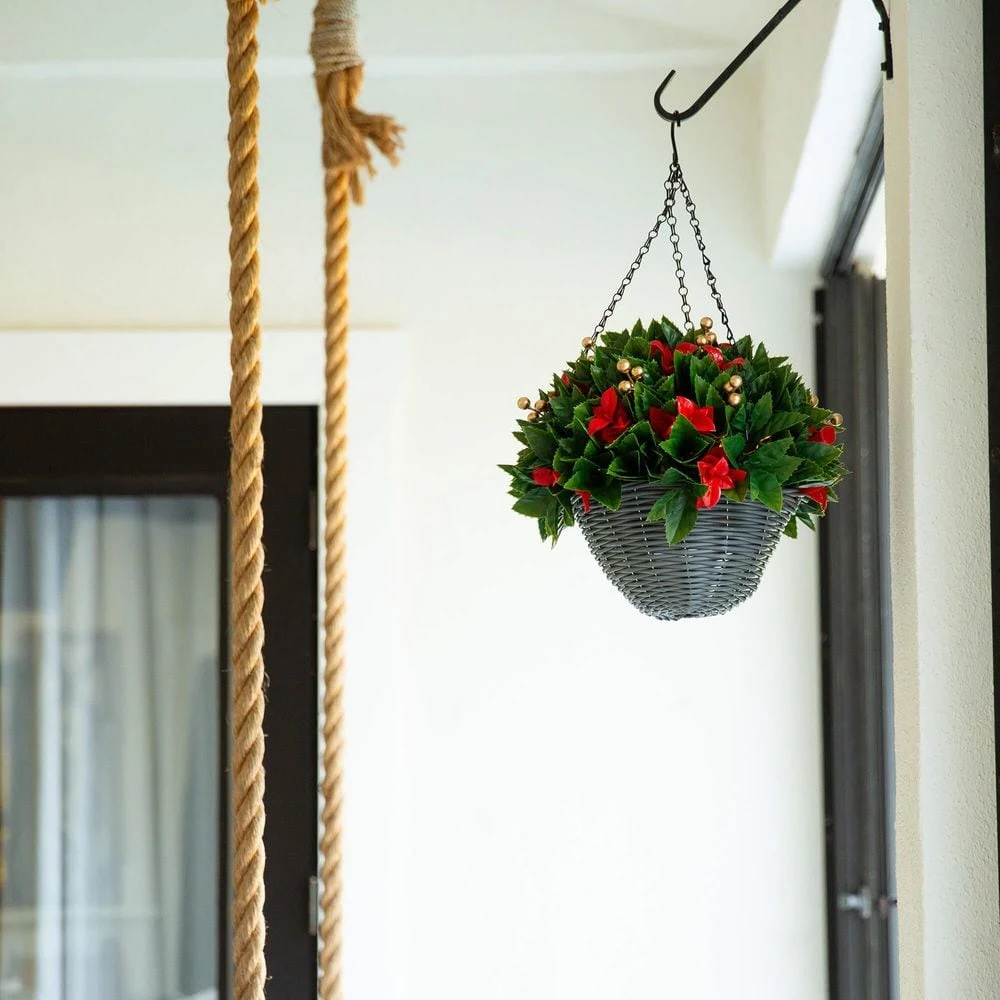 24 In. Pre-Lit UV Resistant Faux Red Tip Photinia & Gold Berries Christmas Hanging Basket With 34-Warm White LED Lights 11 24 In. Pre-Lit UV Resistant Faux Red Tip Photinia & Gold Berries Christmas Hanging Basket With 34-Warm White LED Lights - Image 9