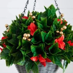 24 In. Pre-Lit UV Resistant Faux Red Tip Photinia & Gold Berries Christmas Hanging Basket With 34-Warm White LED Lights 16 24 In. Pre-Lit UV Resistant Faux Red Tip Photinia & Gold Berries Christmas Hanging Basket With 34-Warm White LED Lights -Christmas Gift Shop nearly natural artificial christmas plants p2207 44 1000