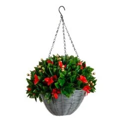 24 In. Pre-Lit UV Resistant Faux Red Tip Photinia & Gold Berries Christmas Hanging Basket With 34-Warm White LED Lights