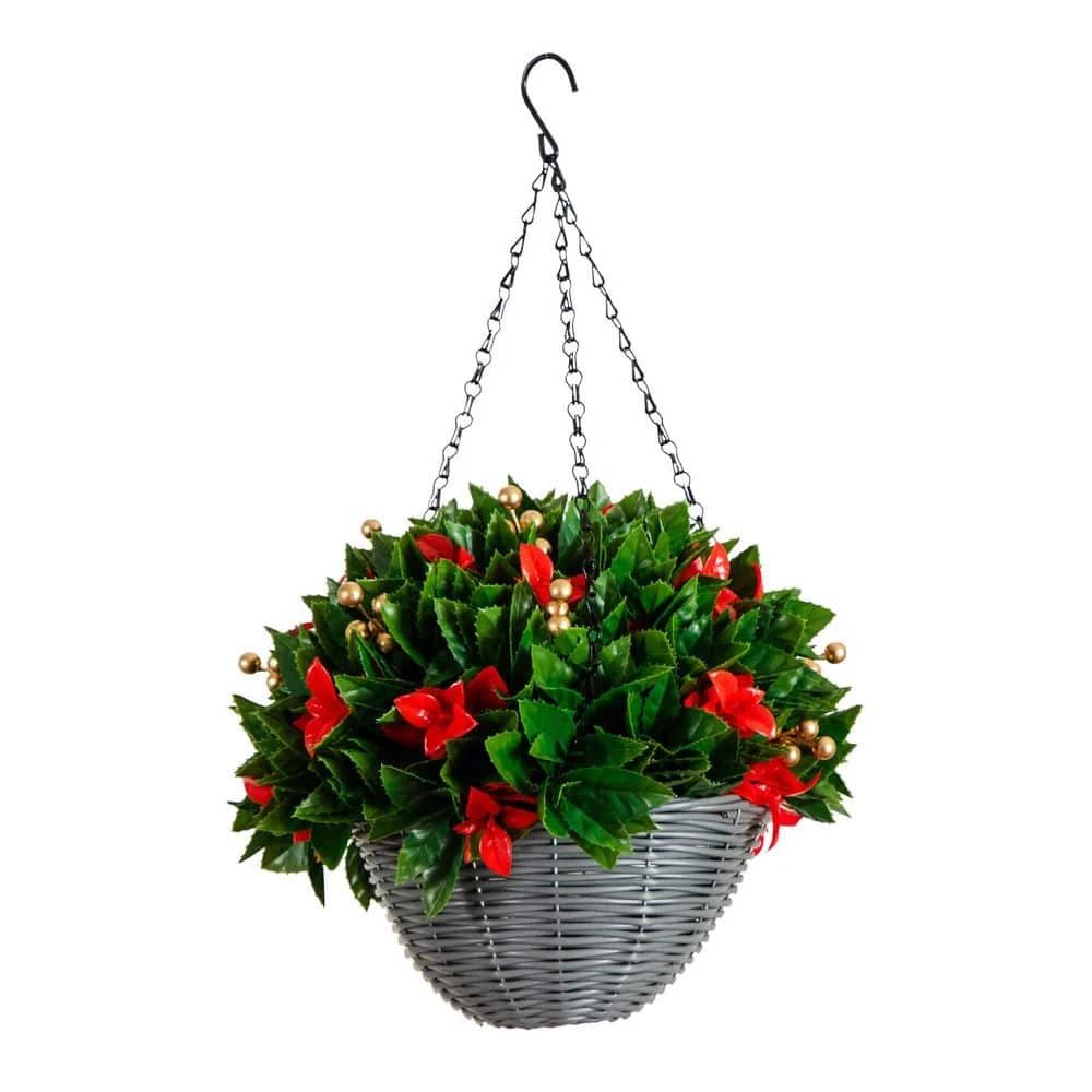 24 In. Pre-Lit UV Resistant Faux Red Tip Photinia & Gold Berries Christmas Hanging Basket With 34-Warm White LED Lights 3 24 In. Pre-Lit UV Resistant Faux Red Tip Photinia & Gold Berries Christmas Hanging Basket With 34-Warm White LED Lights