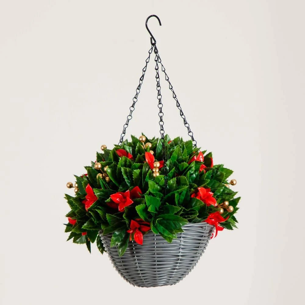 24 In. Pre-Lit UV Resistant Faux Red Tip Photinia & Gold Berries Christmas Hanging Basket With 34-Warm White LED Lights 4 24 In. Pre-Lit UV Resistant Faux Red Tip Photinia & Gold Berries Christmas Hanging Basket With 34-Warm White LED Lights - Image 2