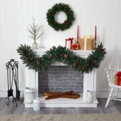 6 Ft. Pre-Lit Snow Dusted Artificial Christmas Garland With 50 Multi-Colored LED Lights, Berries And Pinecones -Christmas Gift Shop nearly natural christmas garland 4463 1f 1000