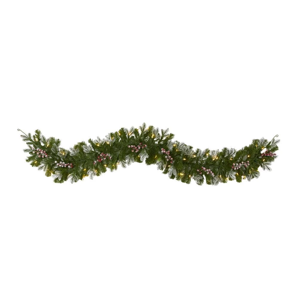 6 Ft. Pre-Lit Snow Tipped Artificial Christmas Garland With 50 Warm White LED Lights And Berries 3 6 Ft. Pre-Lit Snow Tipped Artificial Christmas Garland With 50 Warm White LED Lights And Berries