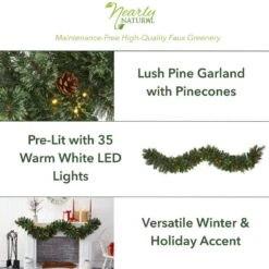 6 Ft. Battery Operated Pre-lit White Mountain Pine Artificial Garland With 35 White Warm LED Lights And Pinecones -Christmas Gift Shop nearly natural christmas garland w1101 40 1000