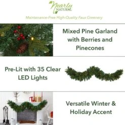 6 Ft. Battery Operated Pre-lit Mixed Pine Artificial Christmas Garland With 35 Clear LED Lights, Berries And Pinecones -Christmas Gift Shop nearly natural christmas garland w1108 40 1000