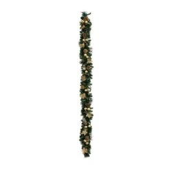 9 Ft. Pre-Lit Artificial Golden Frosted Christmas Garland With 50-Warm White LED Lights Pinecones, Berries And Ornaments -Christmas Gift Shop nearly natural christmas garland w1385 4f 1000