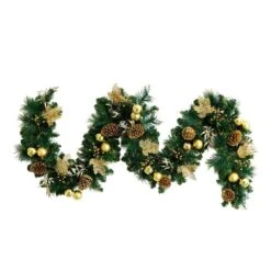 9 Ft. Pre-Lit Artificial Golden Frosted Christmas Garland With 50-Warm White LED Lights Pinecones, Berries And Ornaments
