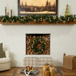 9 Ft. Pre-Lit Artificial Golden Frosted Christmas Garland With 50-Warm White LED Lights Pinecones, Berries And Ornaments -Christmas Gift Shop nearly natural christmas garland w1385 fa 1000