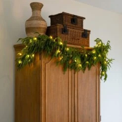 6 Ft. Pre-Lit Artificial Real Touch Norfolk Island Pine Garland With 35-Warm White LED Lights And Natural Look -Christmas Gift Shop nearly natural christmas garland w1393 31 1000