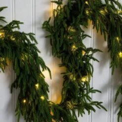 9 Ft. Pre-Lit Artificial Real Touch Norfolk Island Pine Garland With 50-Warm White LED Lights And Natural Look -Christmas Gift Shop nearly natural christmas garland w1394 44 1000