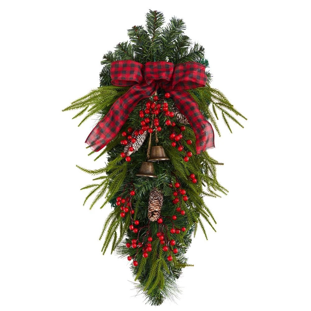 24 In. Unlit Artificial Holiday Christmas Pine Cones, Berry And Bells Swag 3 24 In. Unlit Artificial Holiday Christmas Pine Cones, Berry And Bells Swag