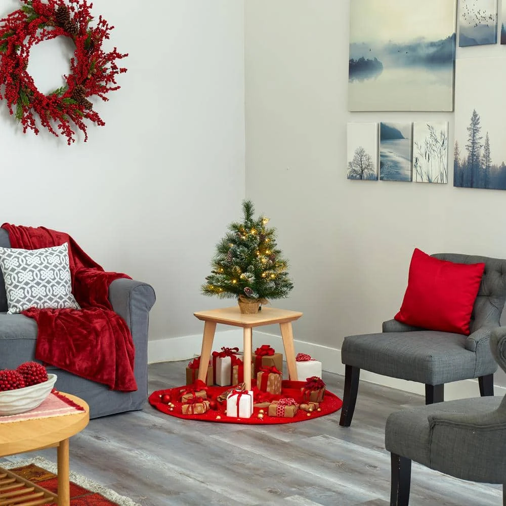 2 Ft. Battery Operated Pre-Lit Frosted Pine Artificial Christmas Tree With 35 Clear LED Lights, Pinecones, Burlap Base 7 2 Ft. Battery Operated Pre-Lit Frosted Pine Artificial Christmas Tree With 35 Clear LED Lights, Pinecones, Burlap Base - Image 5