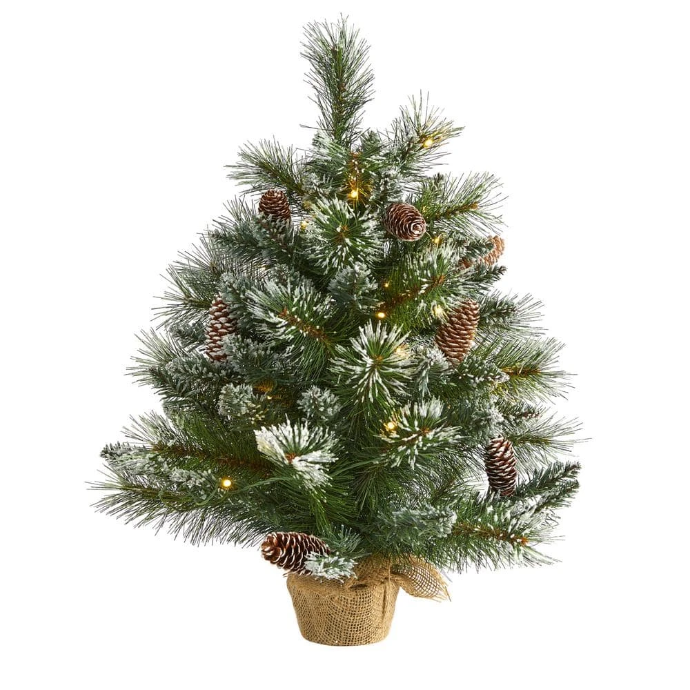 2 Ft. Battery Operated Pre-Lit Frosted Pine Artificial Christmas Tree With 35 Clear LED Lights, Pinecones, Burlap Base 3 2 Ft. Battery Operated Pre-Lit Frosted Pine Artificial Christmas Tree With 35 Clear LED Lights, Pinecones, Burlap Base
