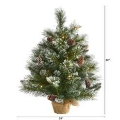 2 Ft. Battery Operated Pre-Lit Frosted Pine Artificial Christmas Tree With 35 Clear LED Lights, Pinecones, Burlap Base 12 2 Ft. Battery Operated Pre-Lit Frosted Pine Artificial Christmas Tree With 35 Clear LED Lights, Pinecones, Burlap Base -Christmas Gift Shop nearly natural christmas tabletop trees t1694 c3 1000